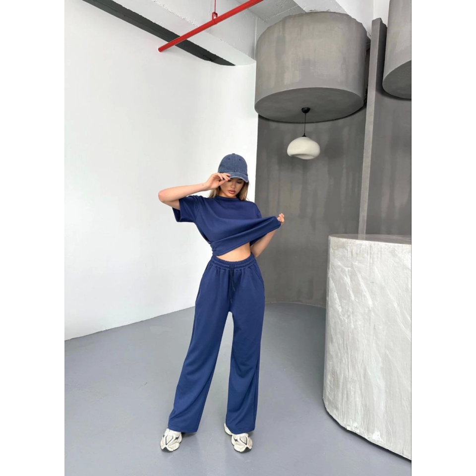 Osy Modal Yumuşak Dokulu Kumaş Kısa Kollu Bluz Rahat Pantalon Ikili Takım- Lacivert