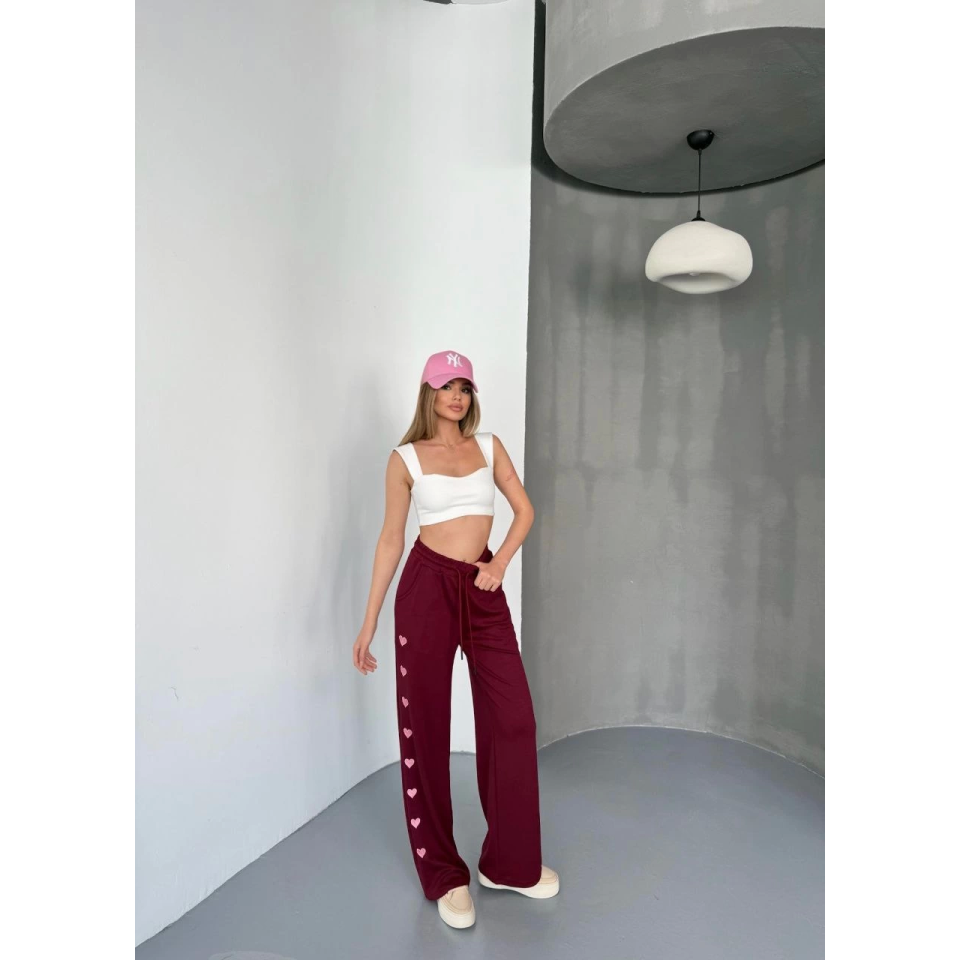 Osy Modal Yumuşak Dokulu Kumaş Nakış Işlemeli Rahat Bol Paça Eşofman Pantalon - Bordo