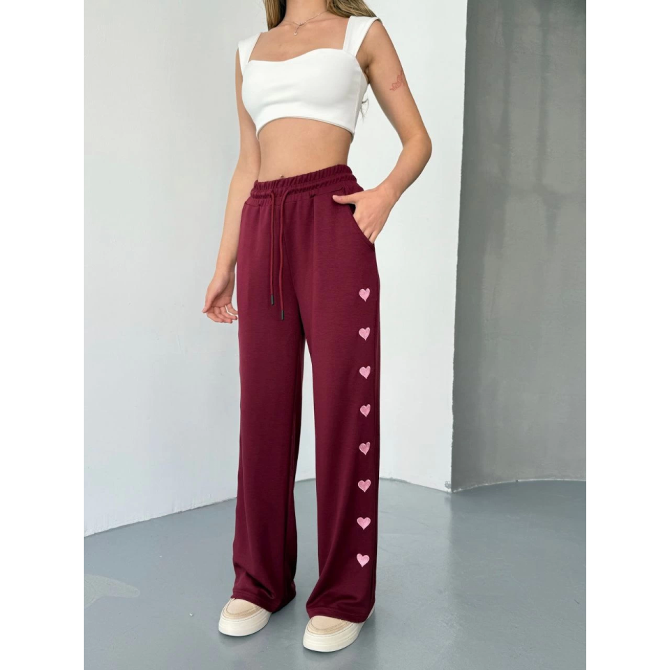 Osy Modal Yumuşak Dokulu Kumaş Nakış Işlemeli Rahat Bol Paça Eşofman Pantalon - Bordo