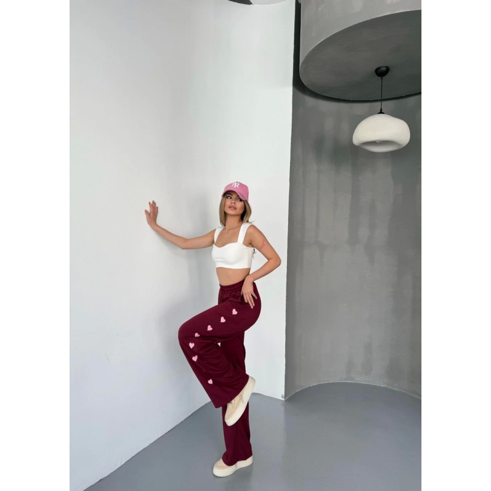 Osy Modal Yumuşak Dokulu Kumaş Nakış Işlemeli Rahat Bol Paça Eşofman Pantalon - Bordo