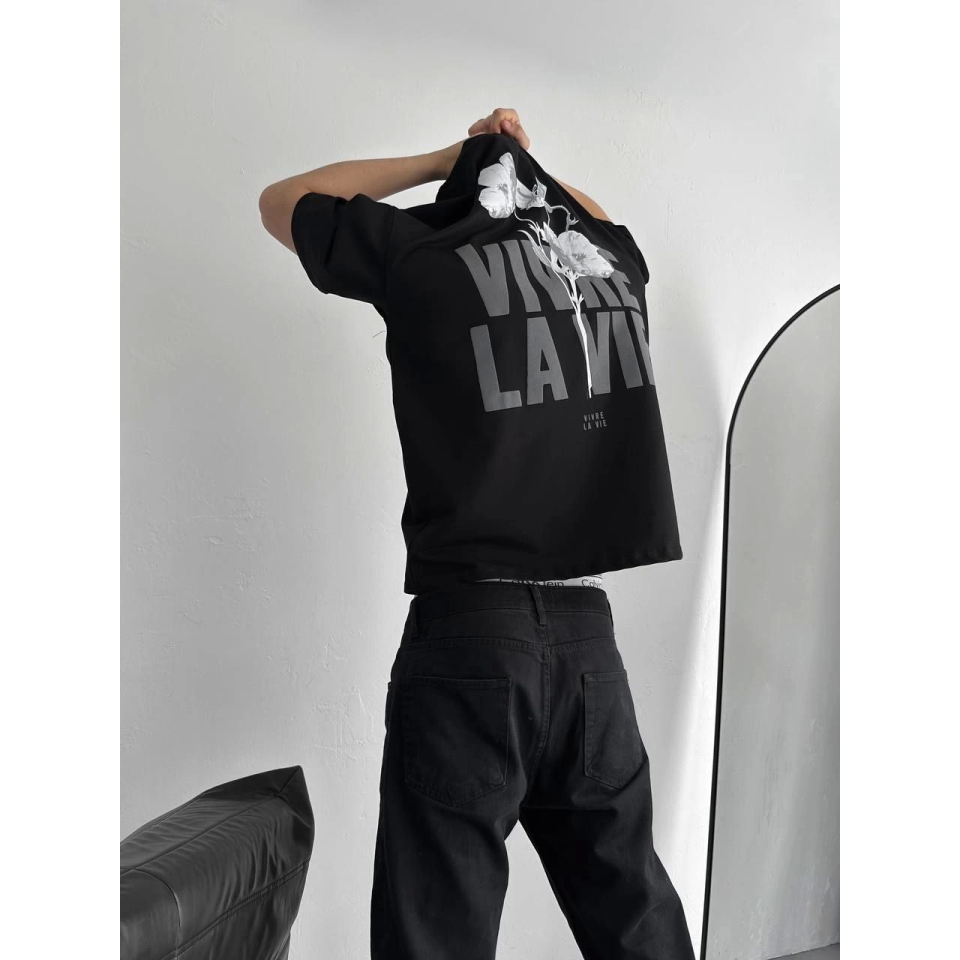 Baskılı Oversize Bisiklet Yaka T-shirt - Siyah