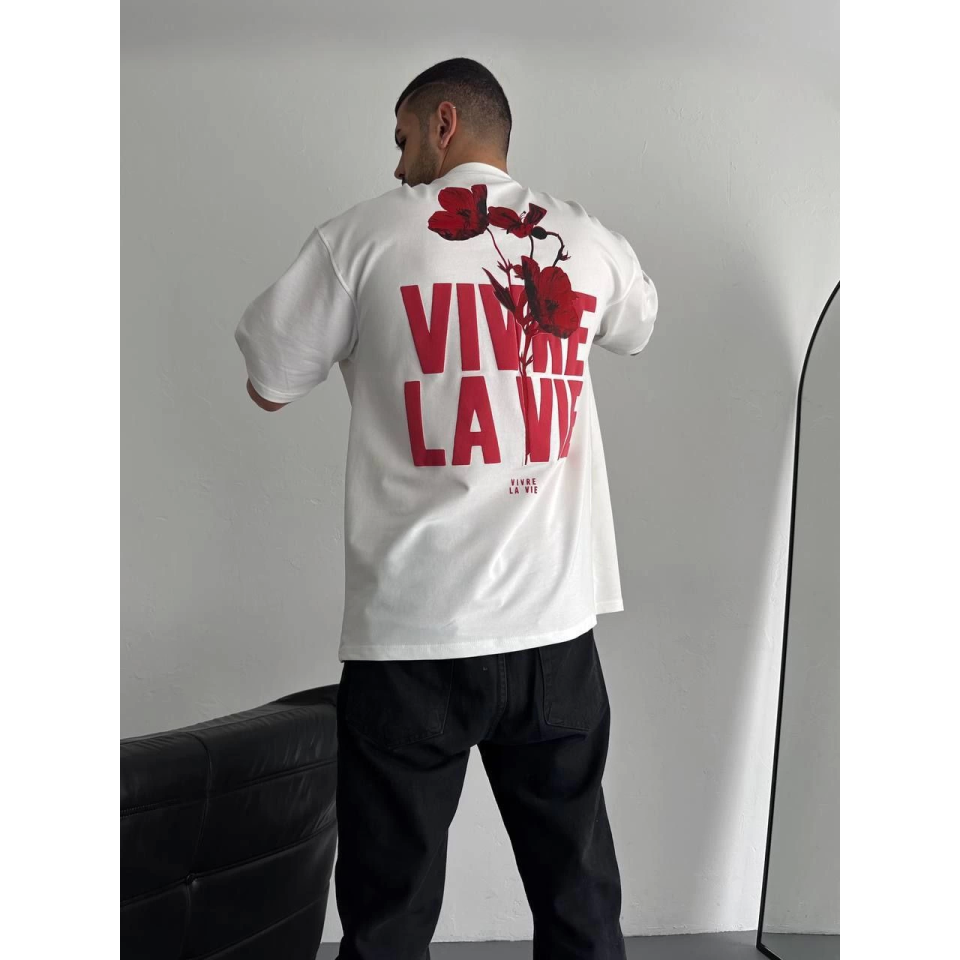 Baskılı Oversize Bisiklet Yaka T-shirt - Beyaz