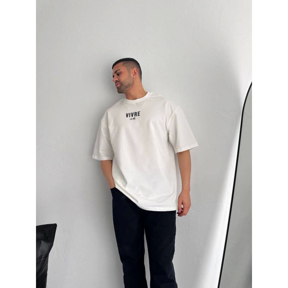 Baskılı Oversize Bisiklet Yaka T-shirt - Beyaz