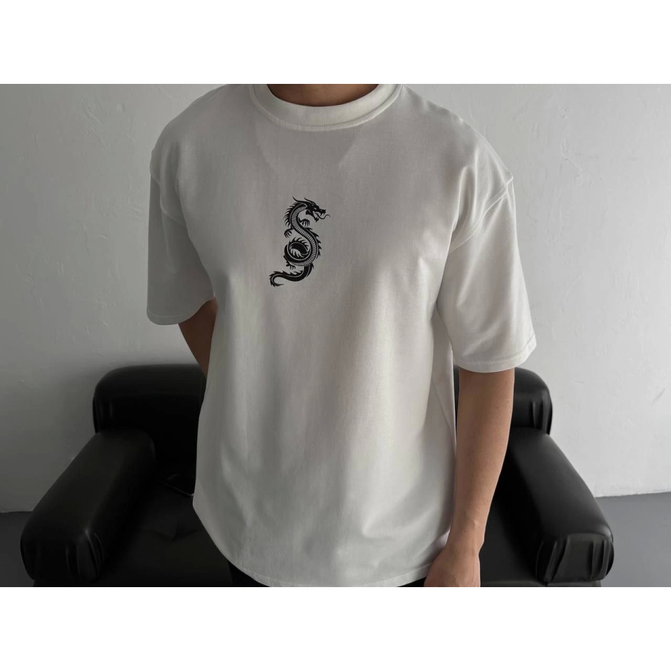 Baskılı Oversize Bisiklet Yaka T-shirt - Beyaz