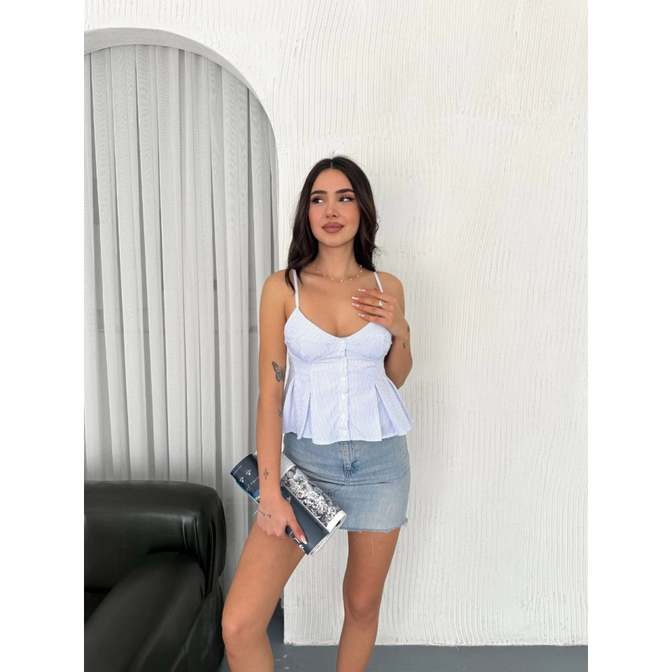 Askılı Dekolte Deraylı Crop - Açık Mavi