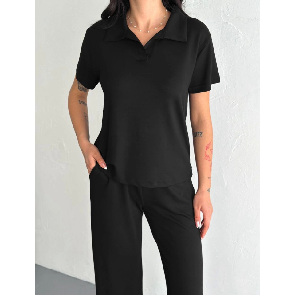 Osy Modal Yumuşak Dokulu Kumaş Kısa Kollu Yakalı T-shirt Pantalon Ikili Takım- Siyah