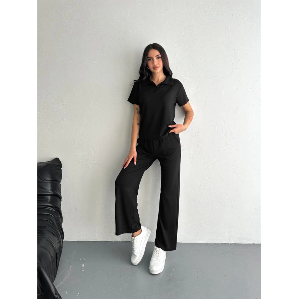 Osy Modal Yumuşak Dokulu Kumaş Kısa Kollu Yakalı T-shirt Pantalon Ikili Takım- Siyah