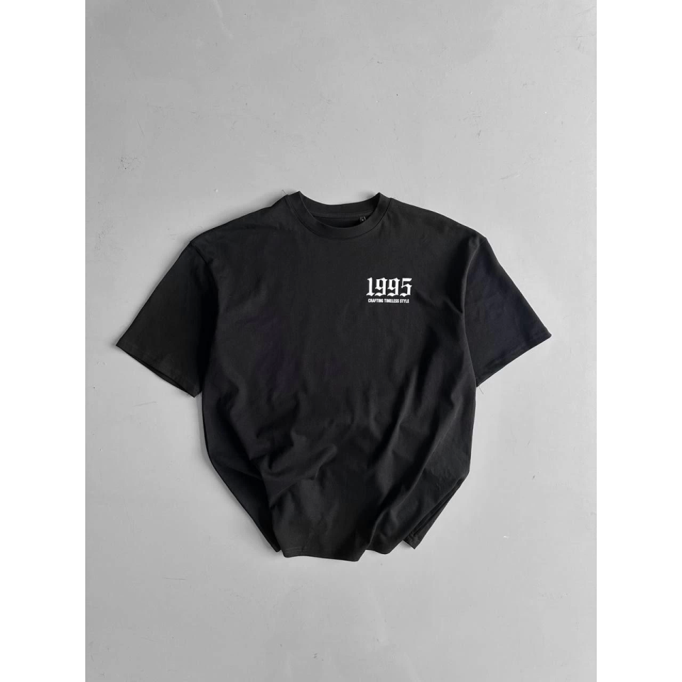 Baskılı Oversize Bisiklet Yaka T-shirt - Siyah