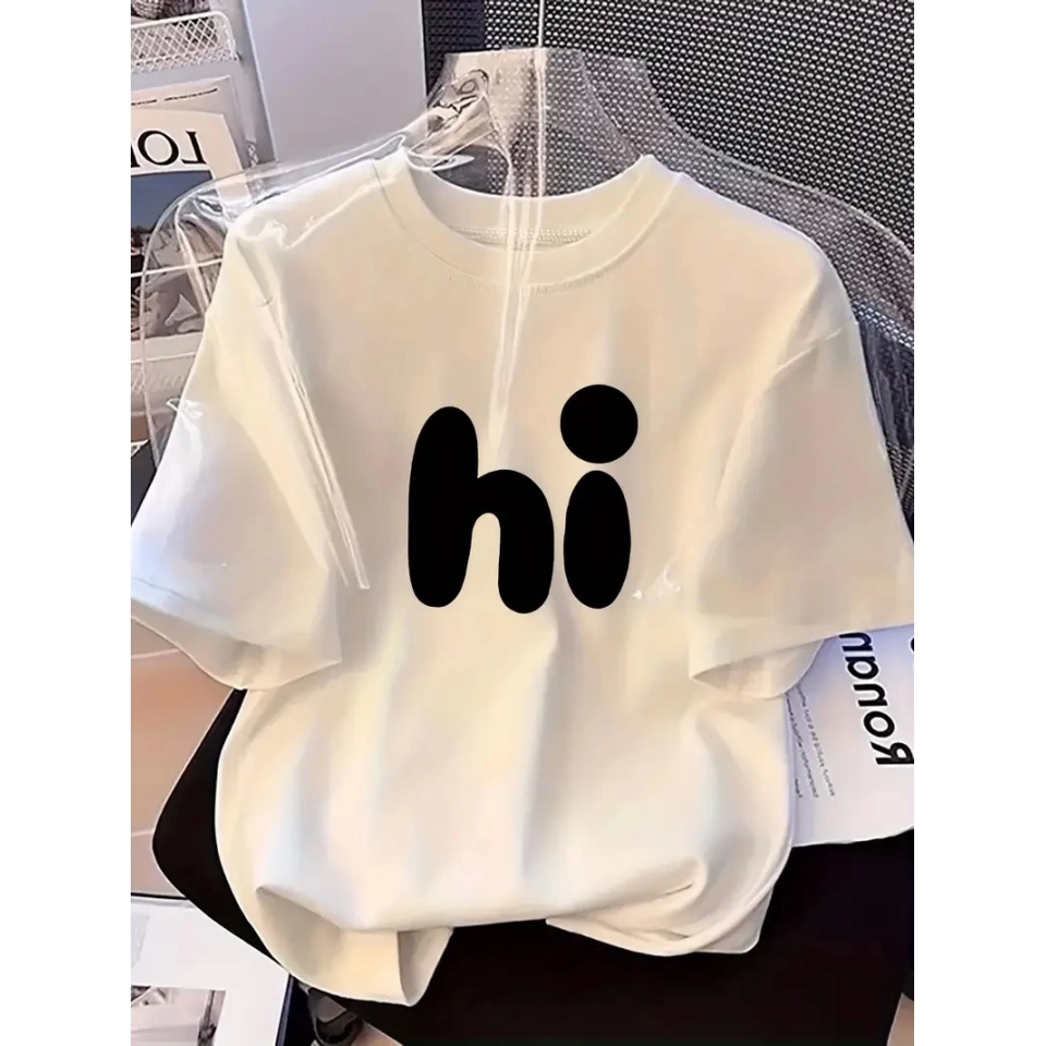 Baskılı Oversize Bisiklet Yaka T-shirt - Beyaz