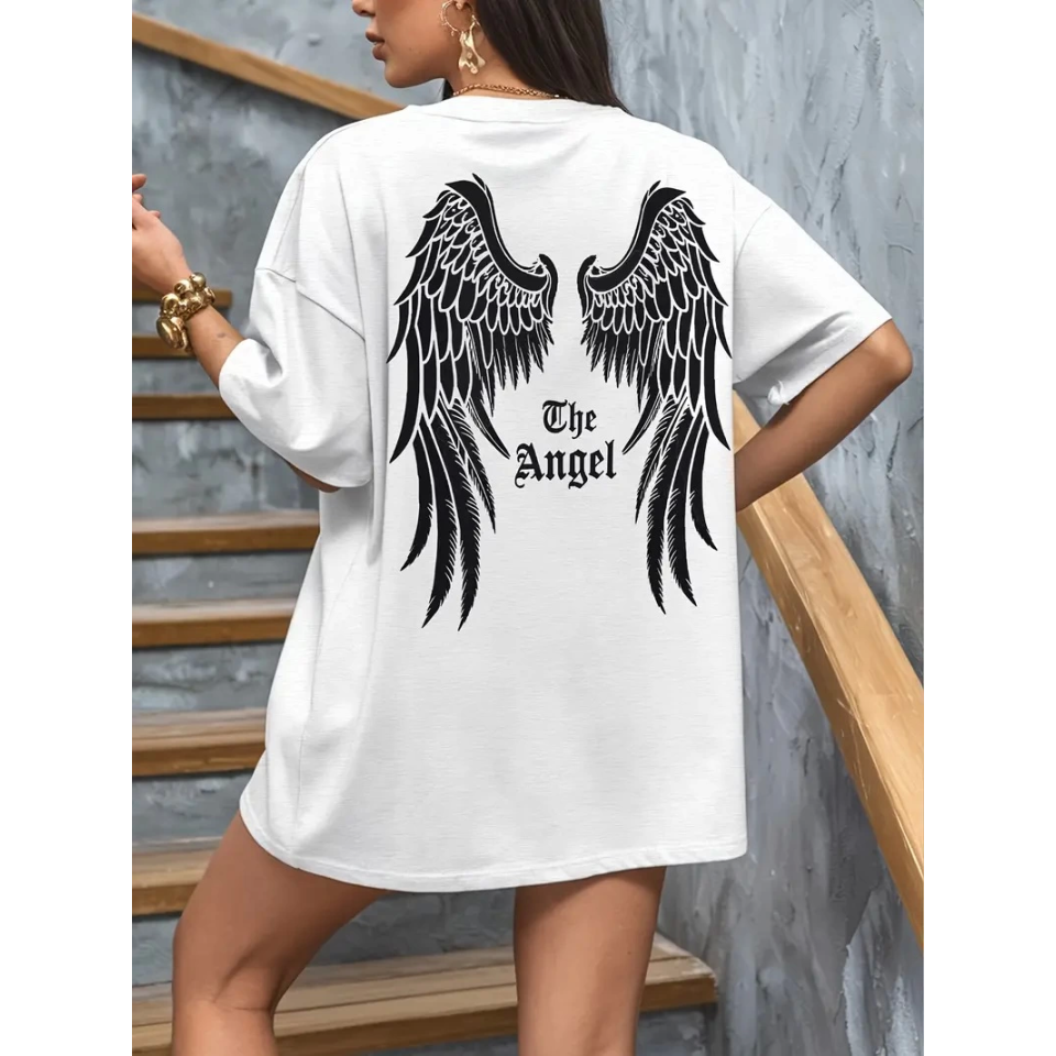 Baskılı Oversize Bisiklet Yaka T-shirt - Beyaz
