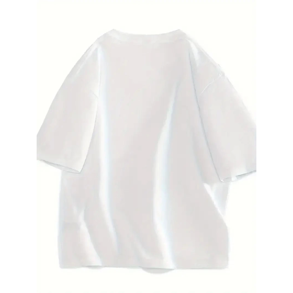 Baskılı Oversize Bisiklet Yaka T-shirt - Beyaz