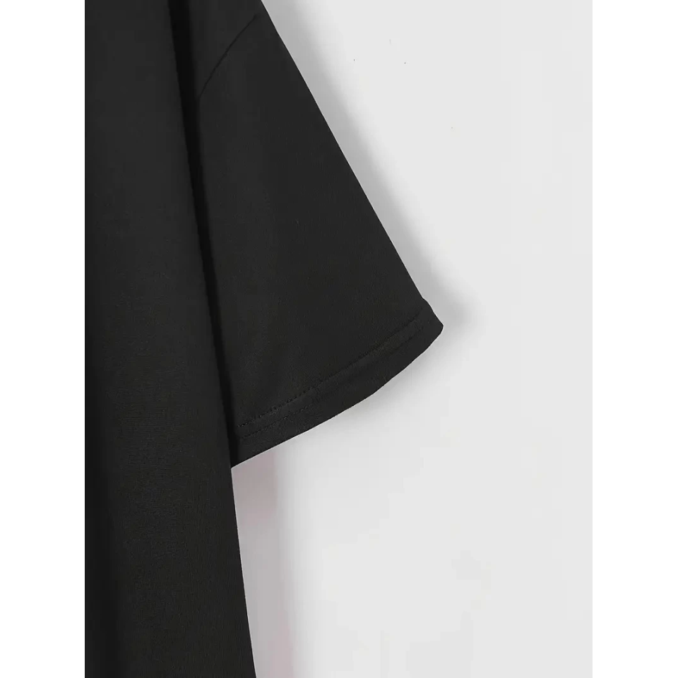Baskılı Oversize Bisiklet Yaka T-shirt - Siyah