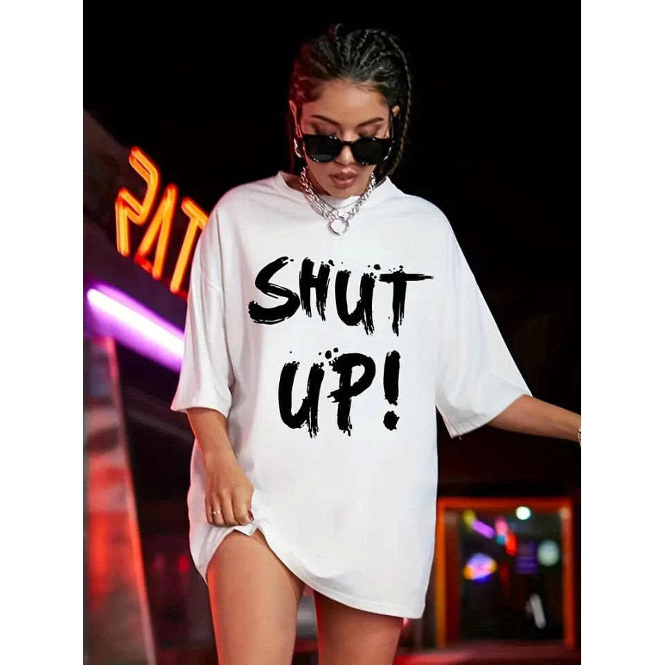 Baskılı Oversize Bisiklet Yaka T-shirt - Beyaz