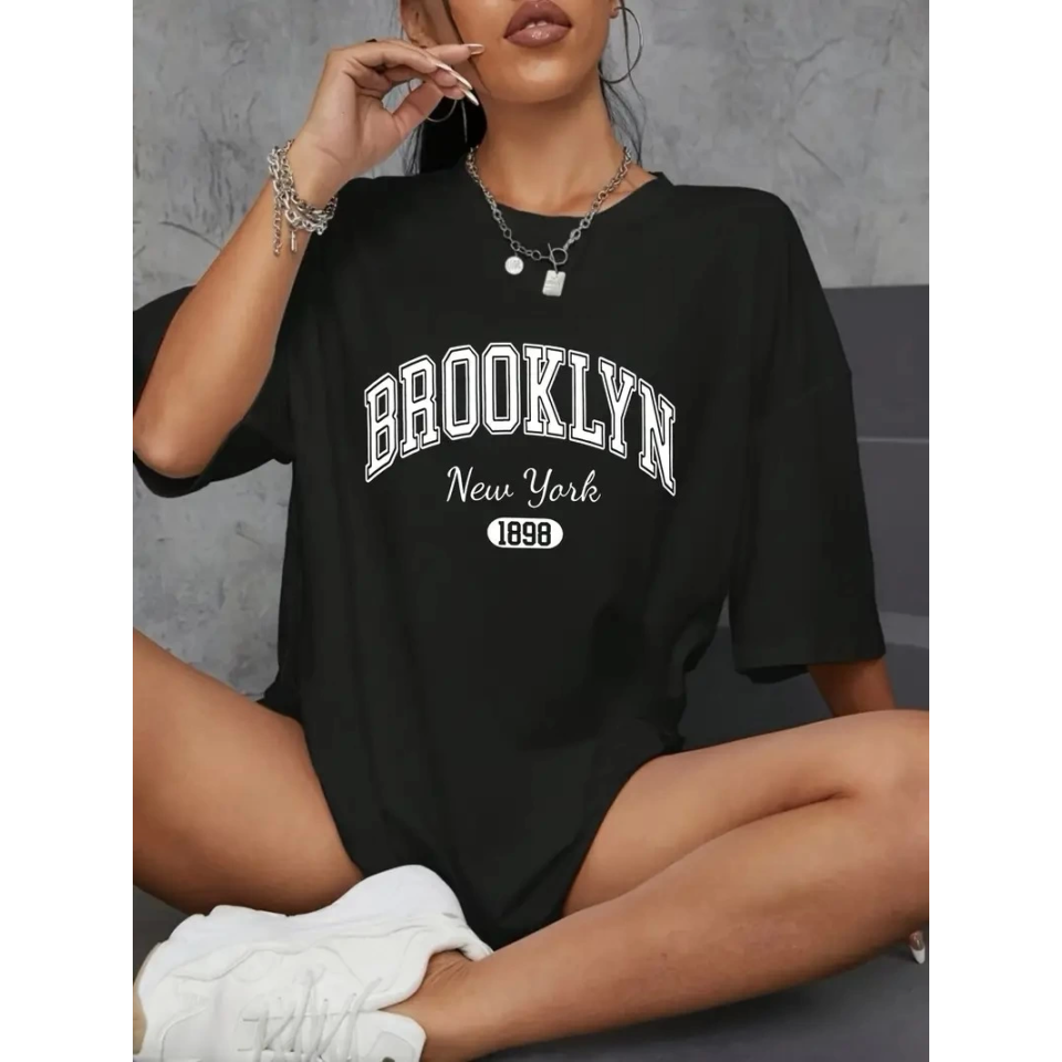 Baskılı Oversize Bisiklet Yaka T-shirt - Siyah