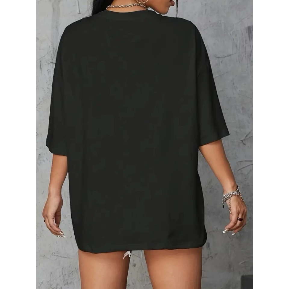 Baskılı Oversize Bisiklet Yaka T-shirt - Siyah