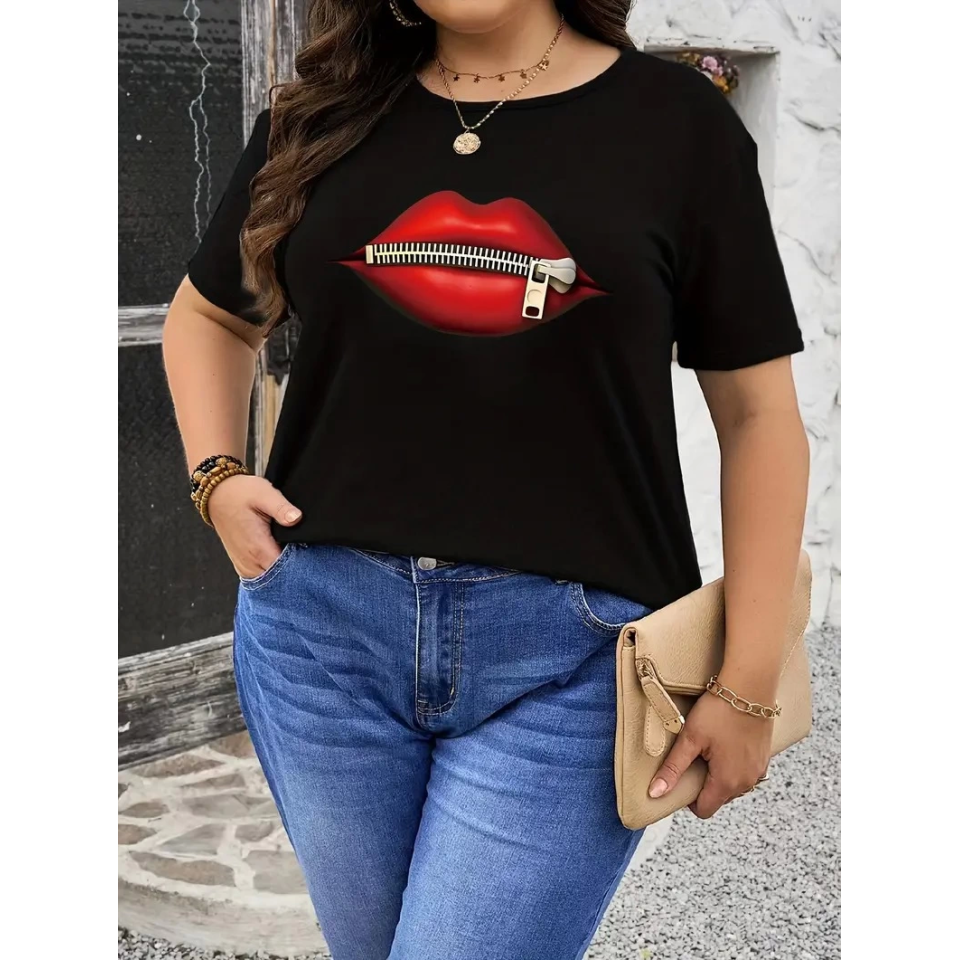 Baskılı Oversize Bisiklet Yaka T-shirt - Siyah