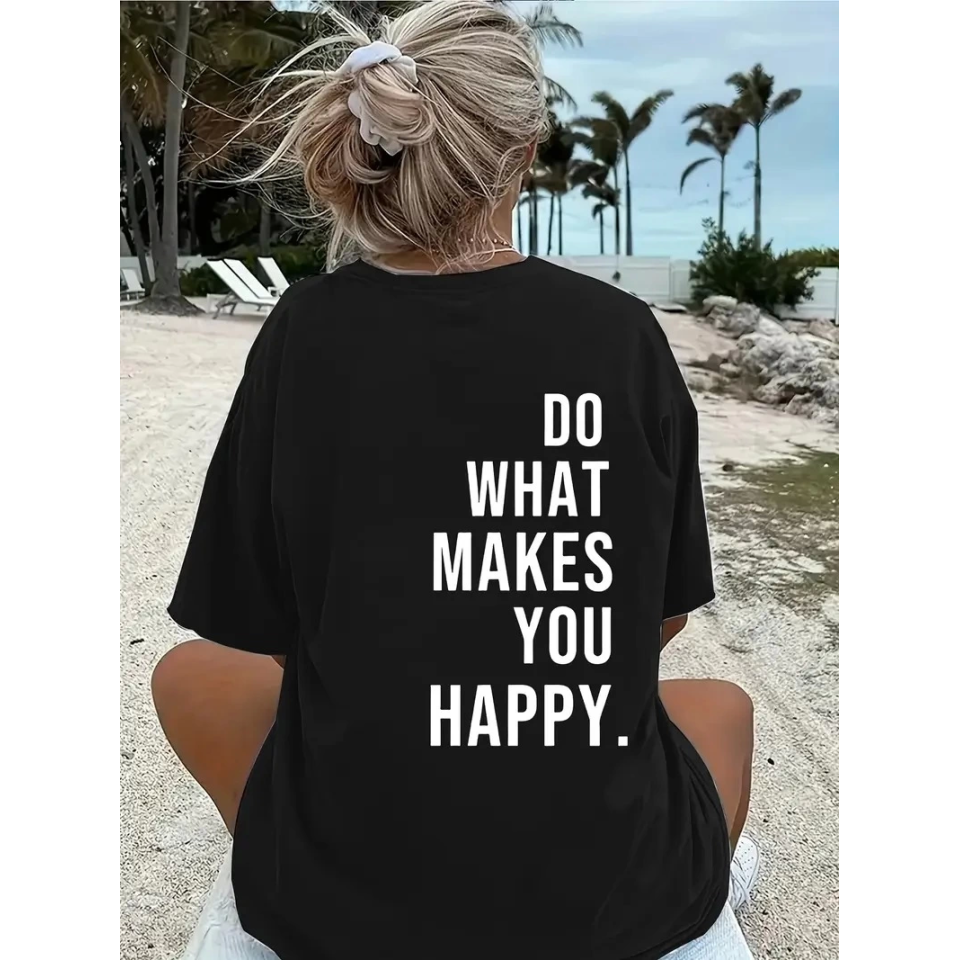 Baskılı Oversize Bisiklet Yaka T-shirt - Siyah