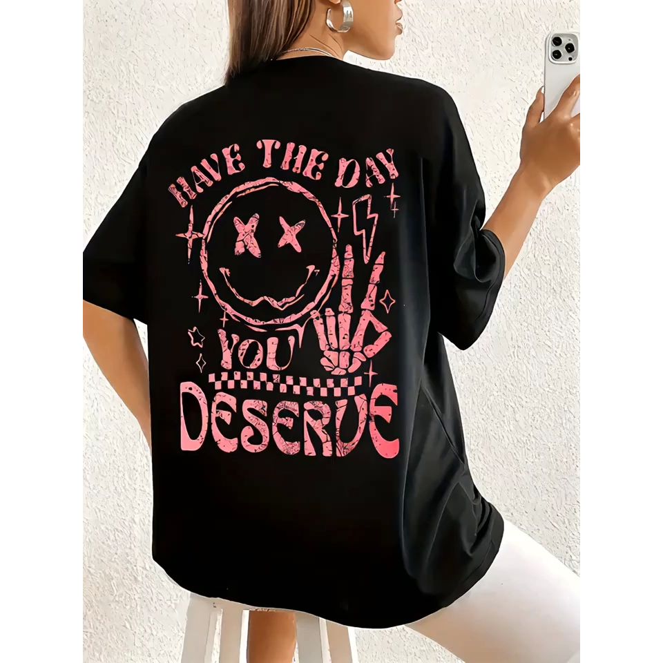 Baskılı Oversize Bisiklet Yaka T-shirt - Siyah