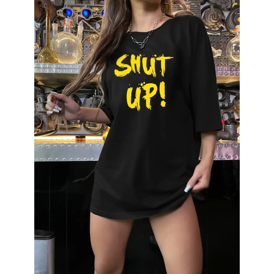 Baskılı Oversize Bisiklet Yaka T-shirt - Siyah