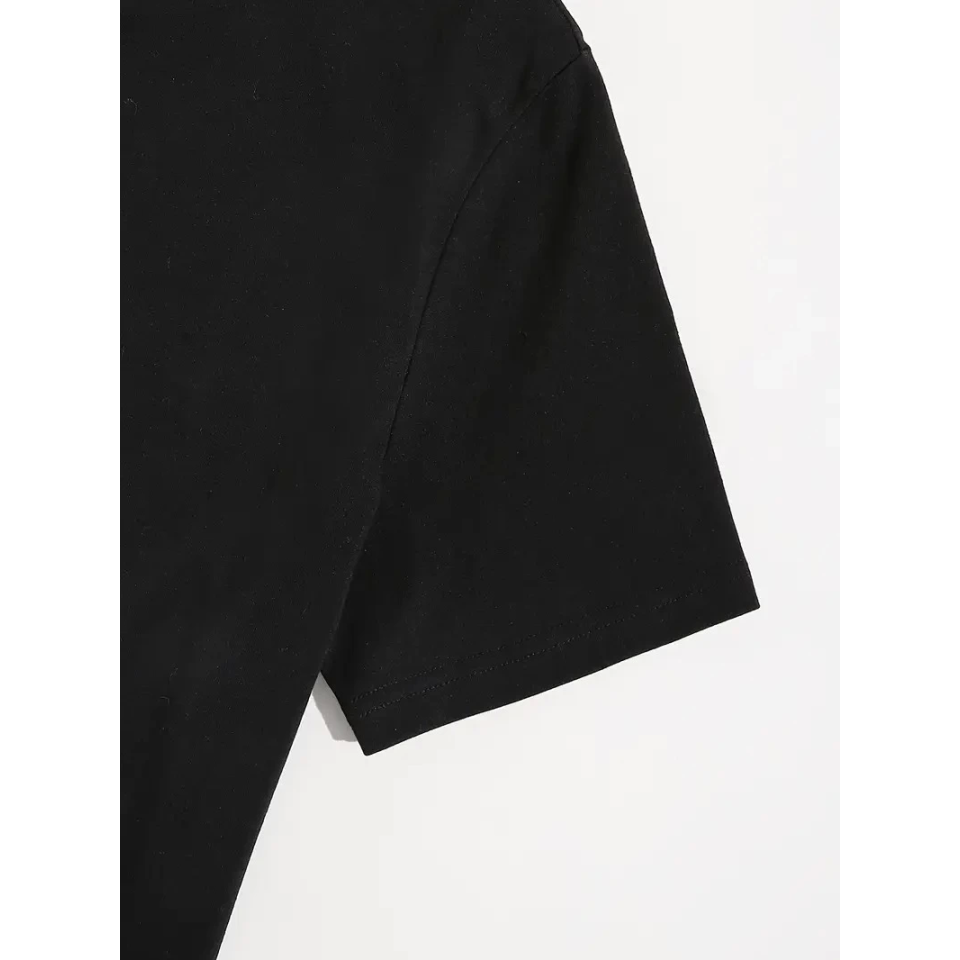 Baskılı Oversize Bisiklet Yaka T-shirt - Siyah