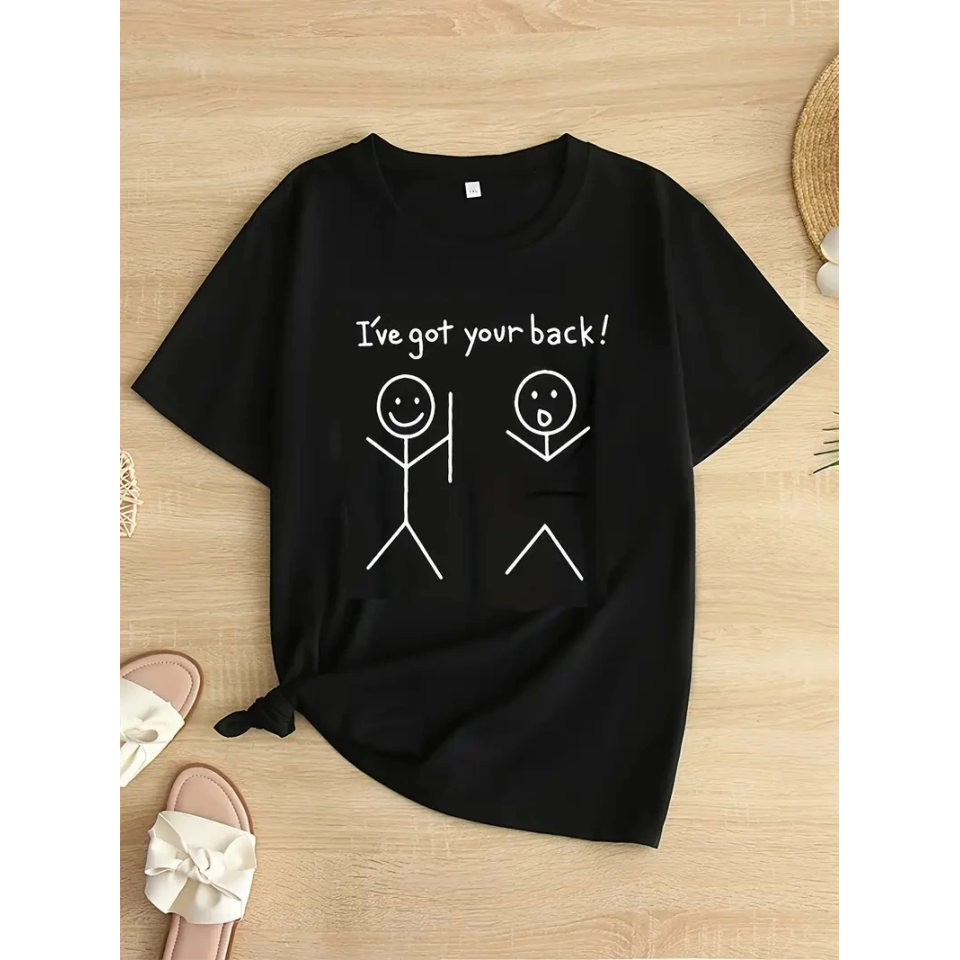 Baskılı Oversize Bisiklet Yaka T-shirt - Siyah