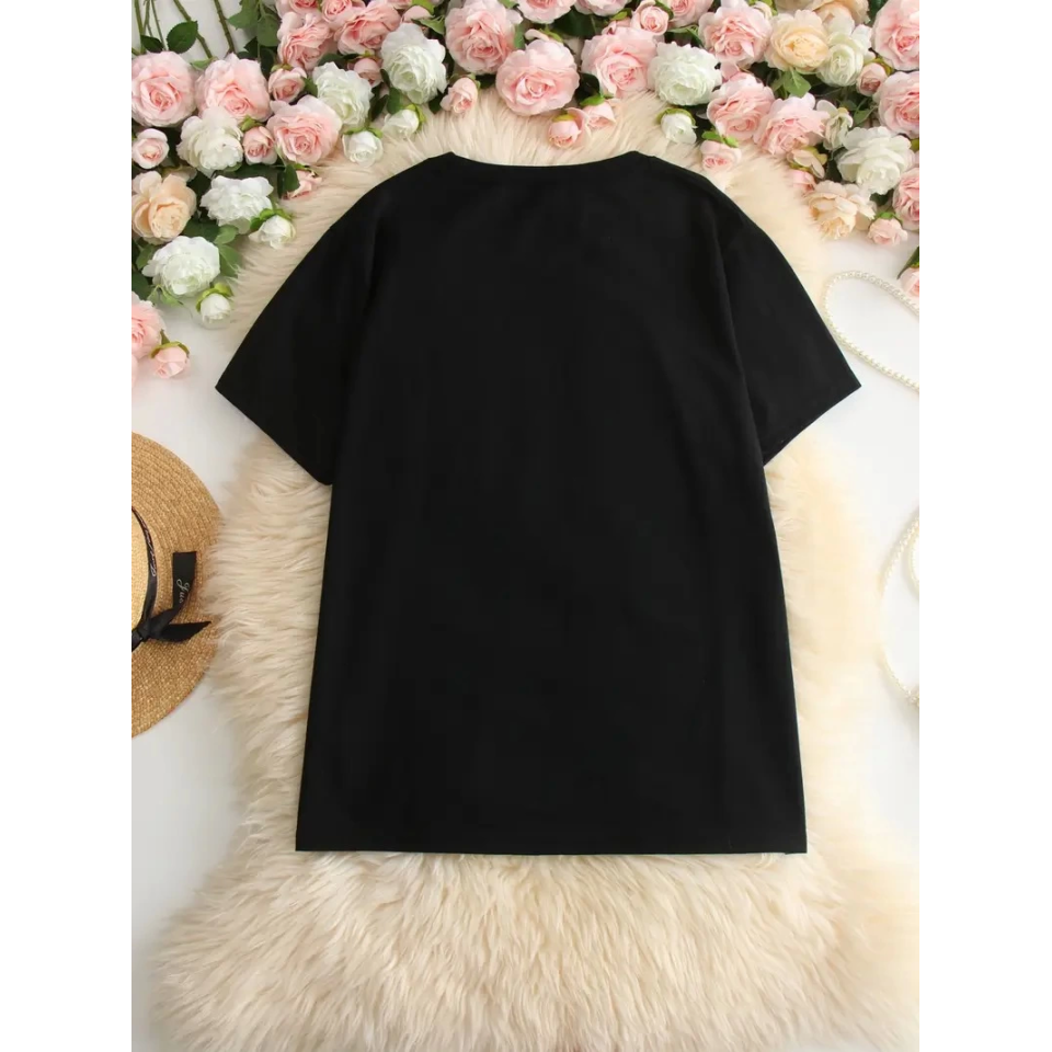 Baskılı Oversize Bisiklet Yaka T-shirt - Siyah