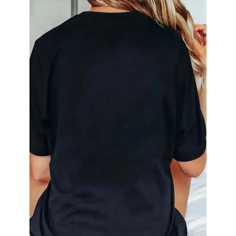 Baskılı Oversize Bisiklet Yaka T-shirt - Siyah