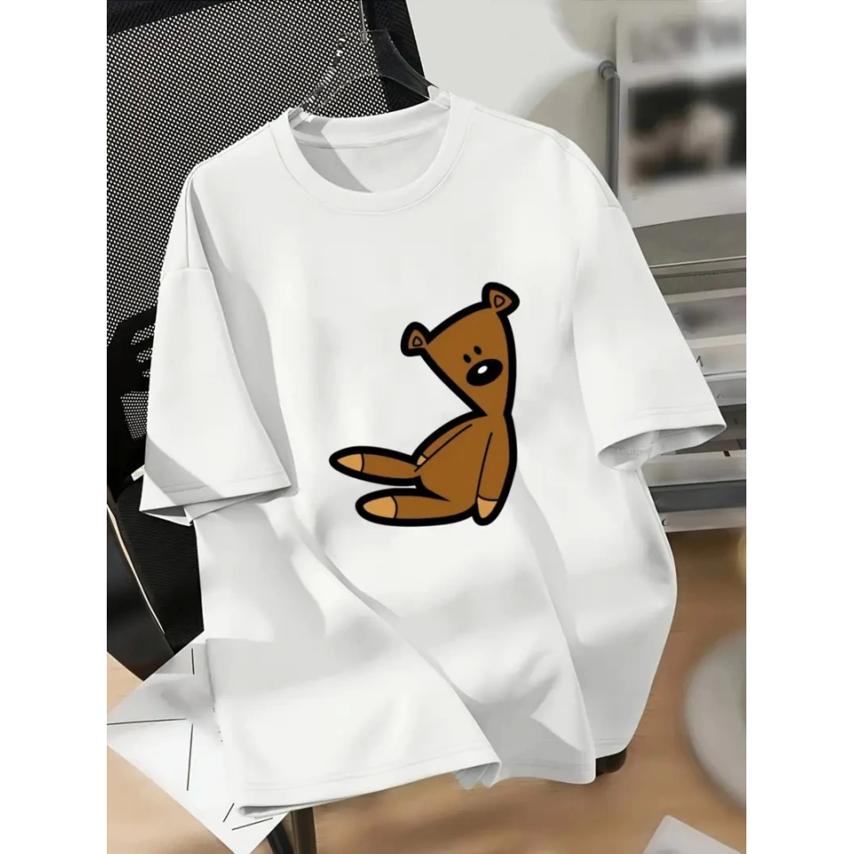 Baskılı Oversize Bisiklet Yaka T-shirt - Beyaz