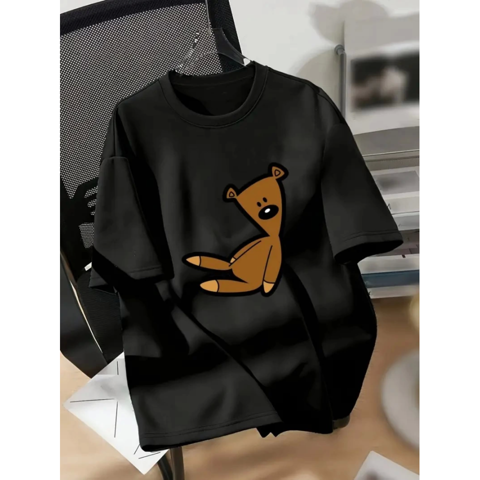 Baskılı Oversize Bisiklet Yaka T-shirt - Siyah
