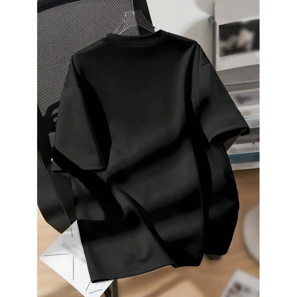 Baskılı Oversize Bisiklet Yaka T-shirt - Siyah