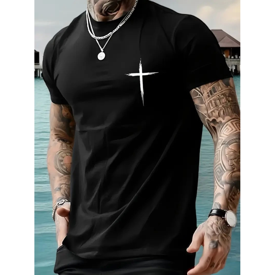 Baskılı Oversize Bisiklet Yaka T-shirt - Siyah