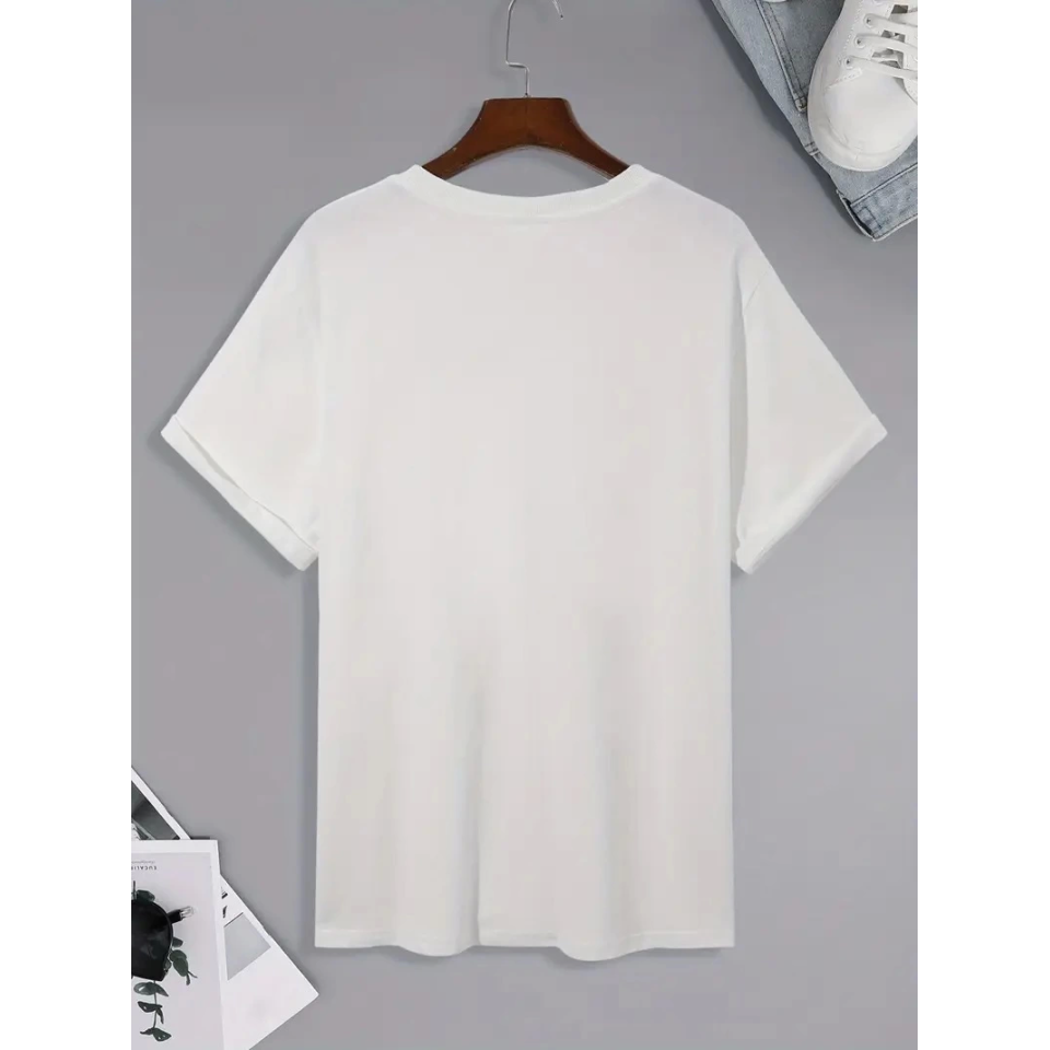 Baskılı Oversize Bisiklet Yaka T-shirt - Beyaz