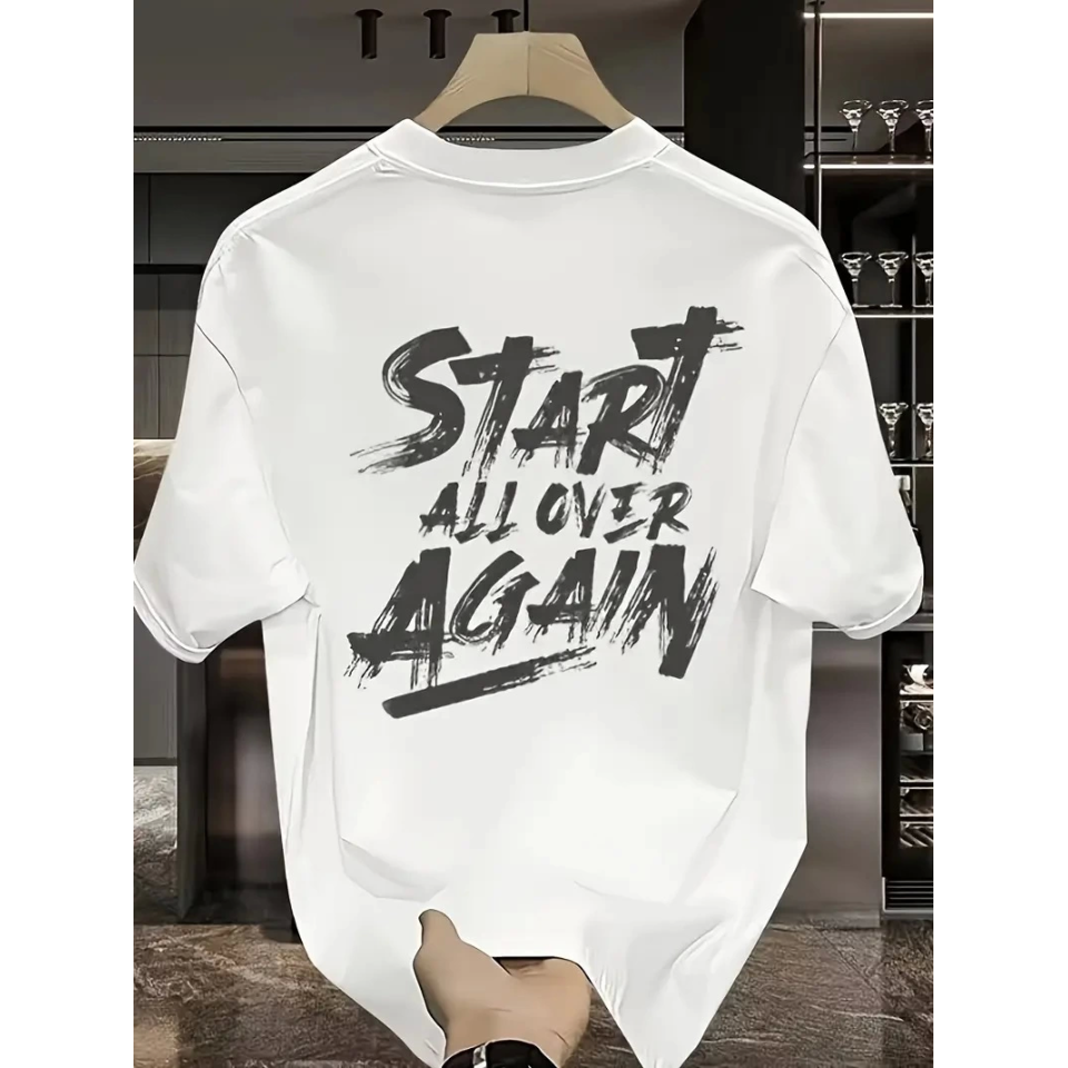 Baskılı Oversize Bisiklet Yaka T-shirt - Beyaz