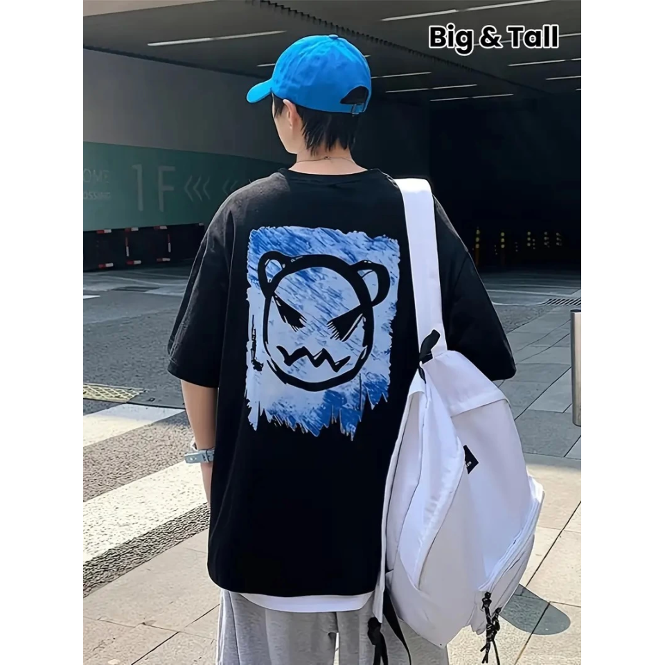 Baskılı Oversize Bisiklet Yaka T-shirt - Siyah