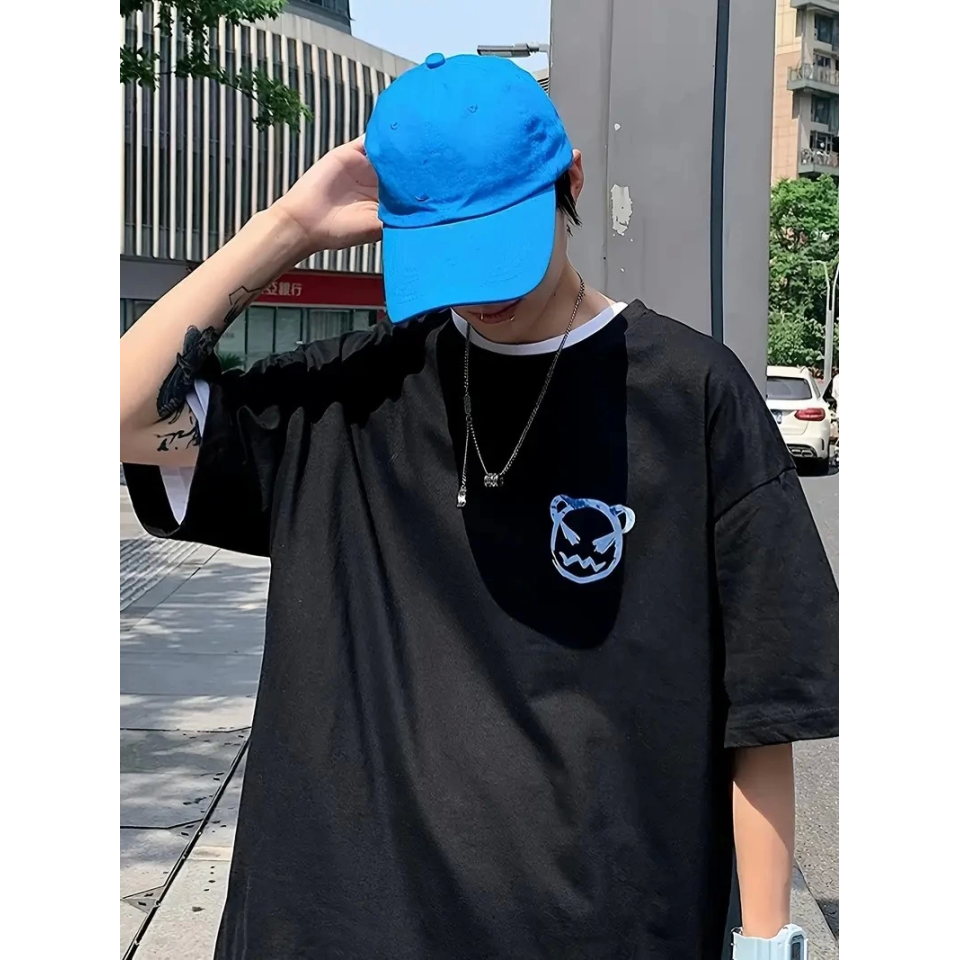 Baskılı Oversize Bisiklet Yaka T-shirt - Siyah
