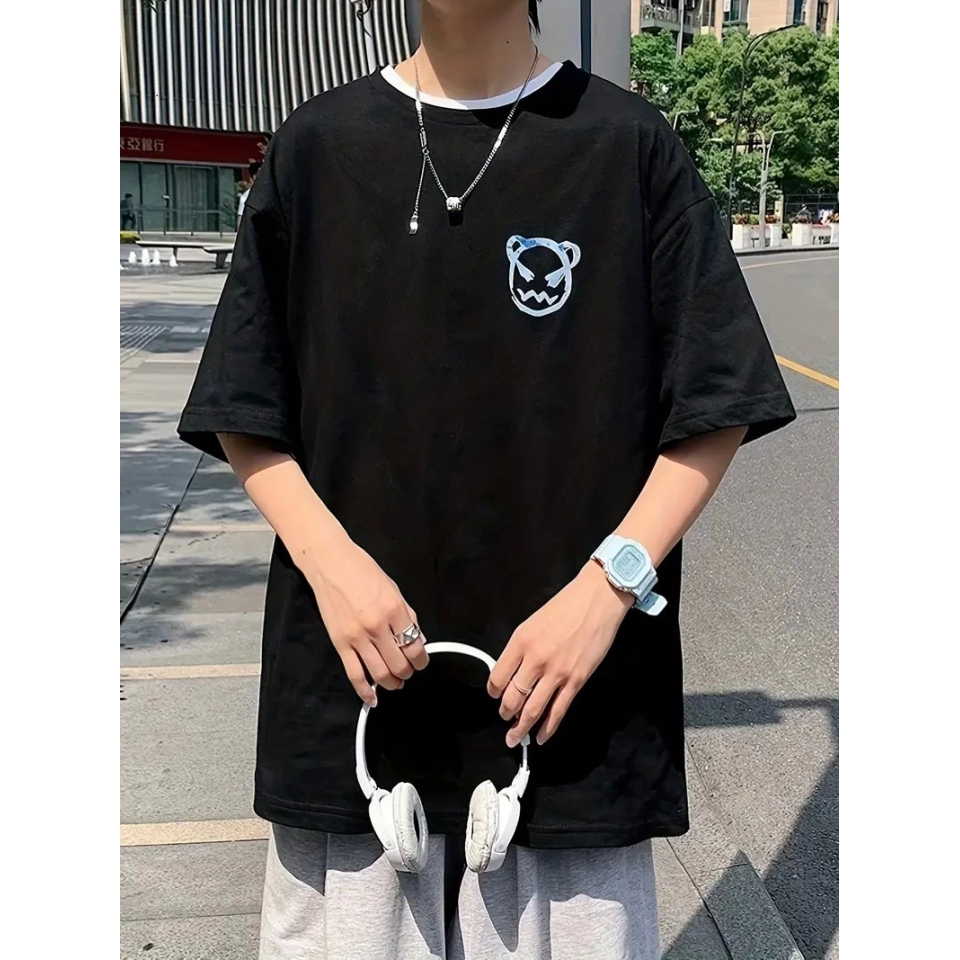 Baskılı Oversize Bisiklet Yaka T-shirt - Siyah