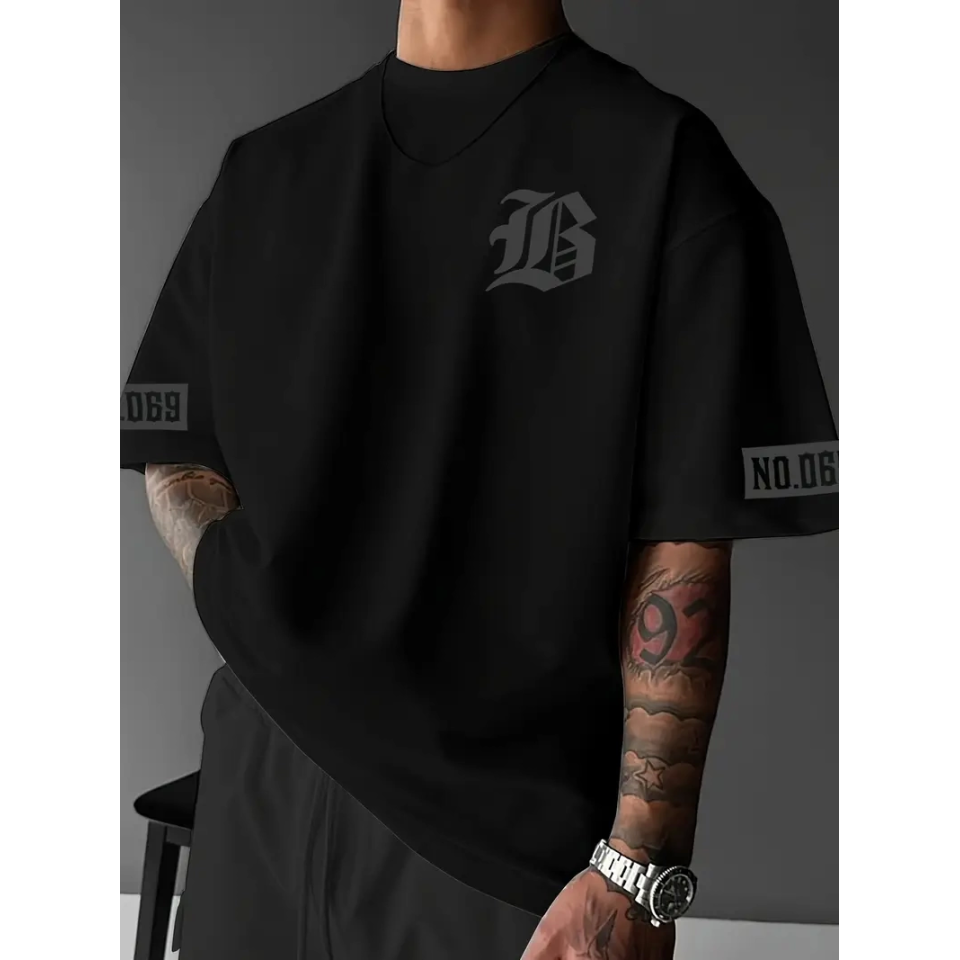 Baskılı Oversize Bisiklet Yaka T-shirt - Siyah