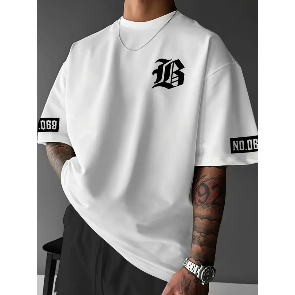 Baskılı Oversize Bisiklet Yaka T-shirt - Beyaz