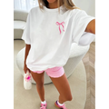 Fiyonk Baskılı Oversize Bisiklet Yaka T-shirt - Beyaz