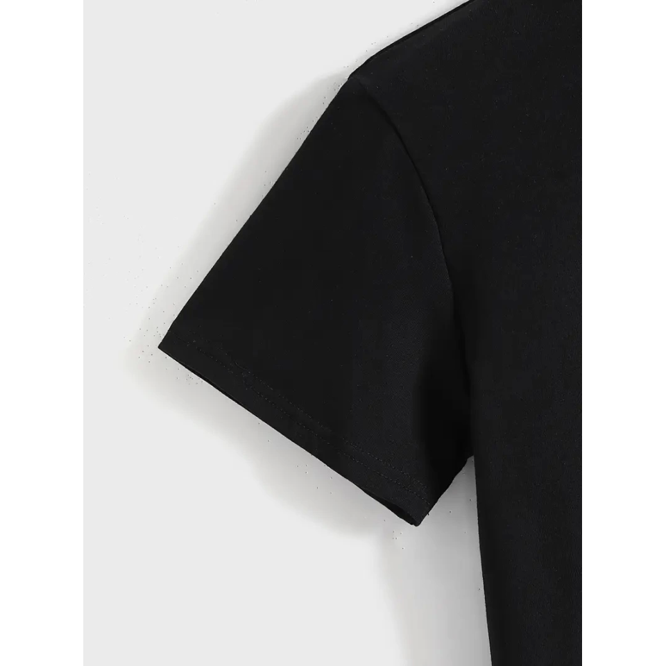 Baskılı Oversize Bisiklet Yaka T-shirt - Siyah