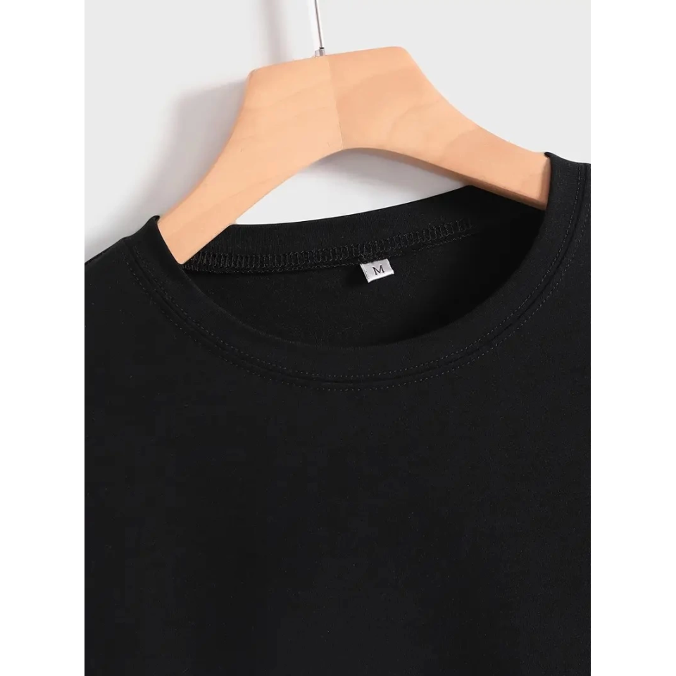 Baskılı Oversize Bisiklet Yaka T-shirt - Siyah
