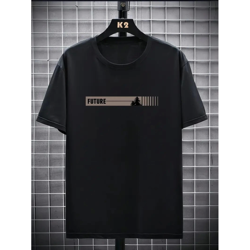 Baskılı Oversize Bisiklet Yaka T-shirt - Siyah