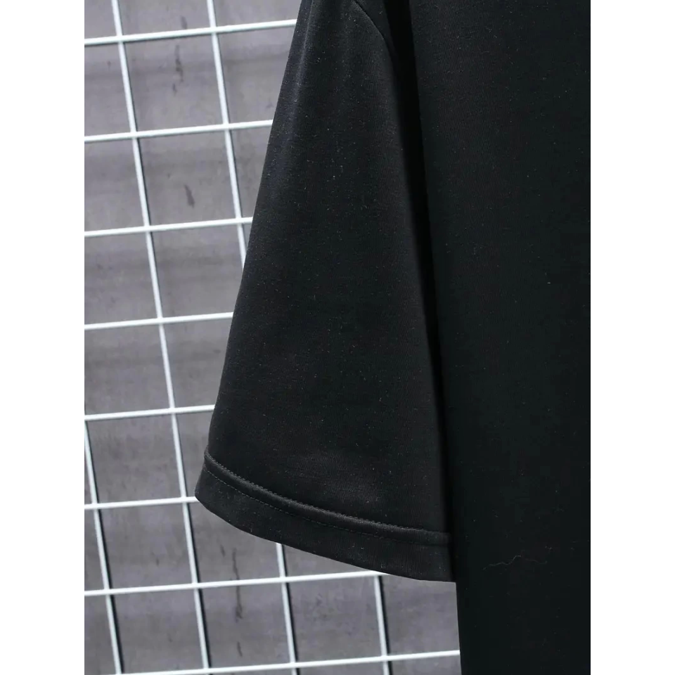 Baskılı Oversize Bisiklet Yaka T-shirt - Siyah