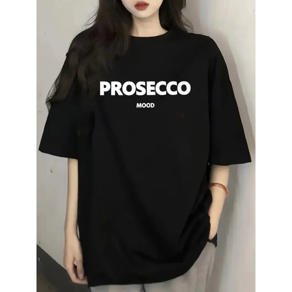 Baskılı Oversize Bisiklet Yaka T-shirt - Siyah