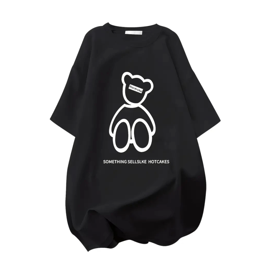 Baskılı Oversize Bisiklet Yaka T-shirt - Siyah