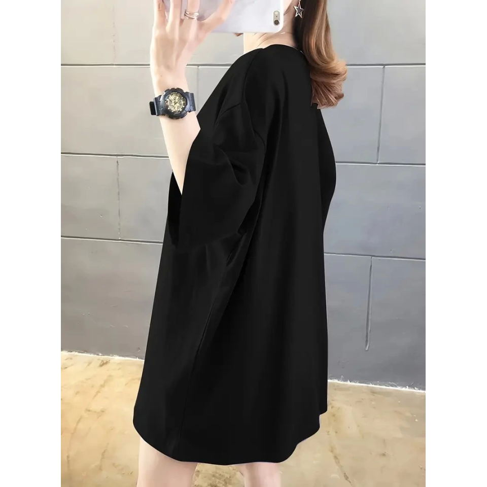 Baskılı Oversize Bisiklet Yaka T-shirt - Siyah