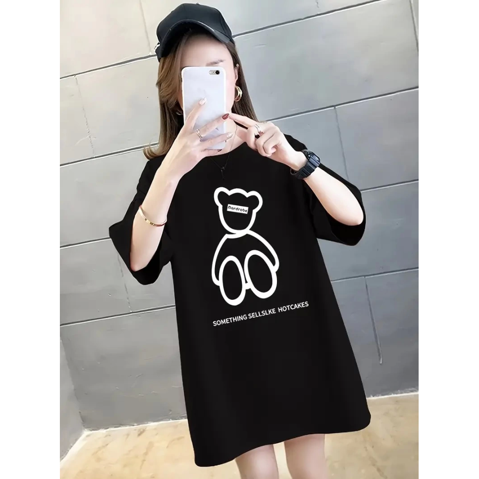 Baskılı Oversize Bisiklet Yaka T-shirt - Siyah