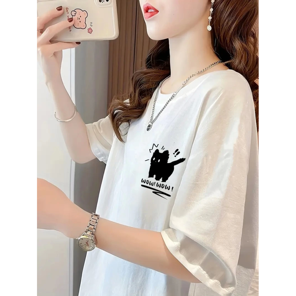 Baskılı Oversize Bisiklet Yaka T-shirt - Beyaz