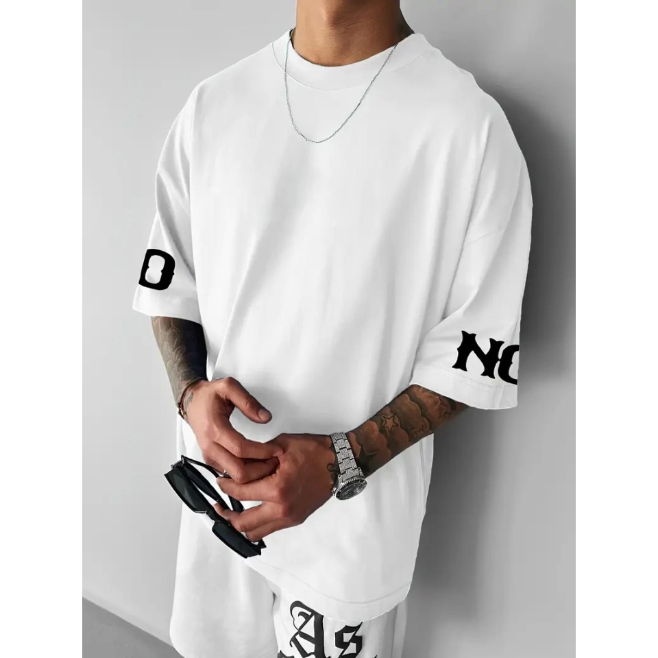 Baskılı Oversize Bisiklet Yaka T-shirt - Beyaz