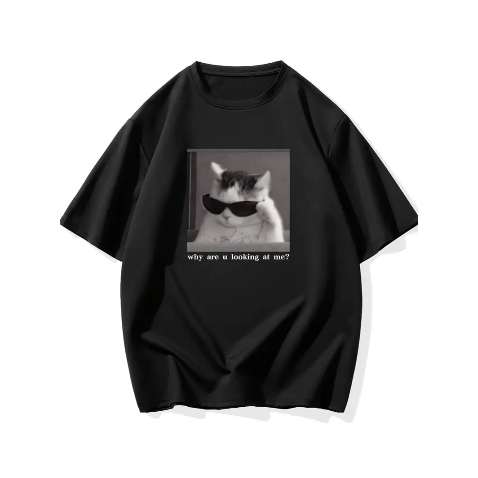 Baskılı Oversize Bisiklet Yaka T-shirt - Siyah